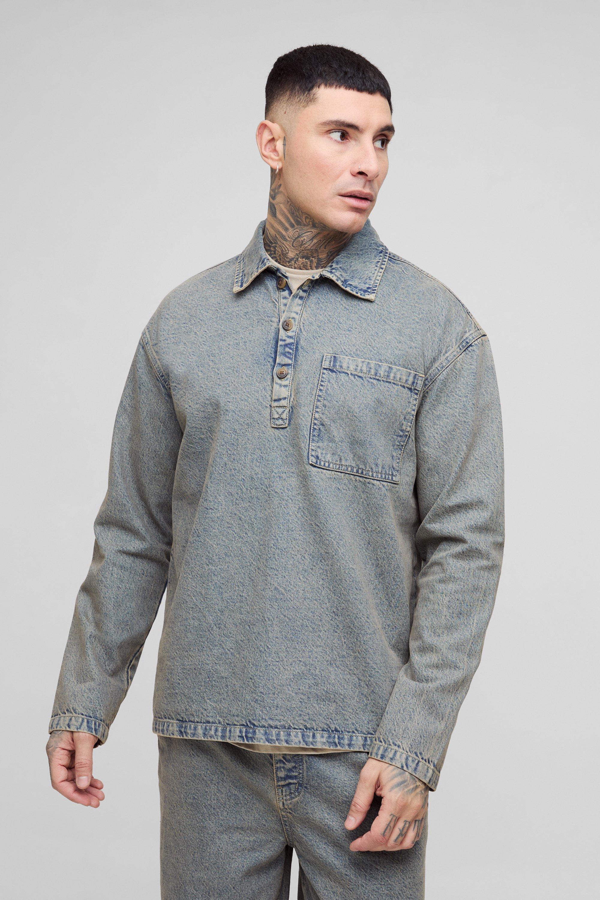 Mens Grey Tall Oversized Denim Rugby Shirt, Grey